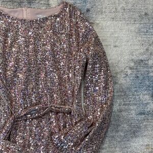 Rare Editions Juniors Sequin Party Dress Size 14 Rose Gold Long Sleeve Belted
